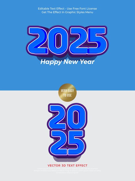 Vector del logotipo 2025 con una combinación de color azul en las letras Vector 3D efecto de texto editable