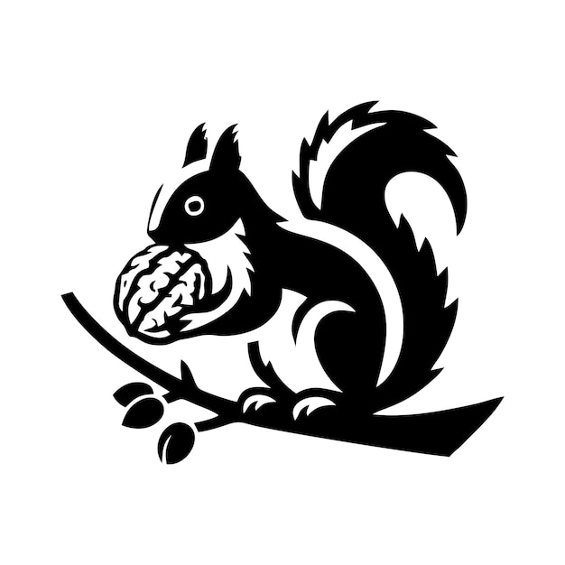 Vector vector del logotipo de la ardilla ardilla con icono de silueta del vector de la bellota sobre fondo blanco