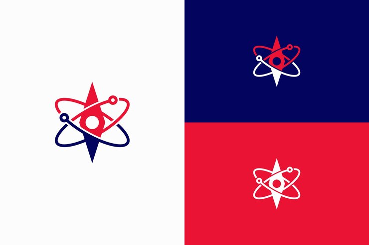 Vector vector del logotipo del átomo de la brújula abstracto
