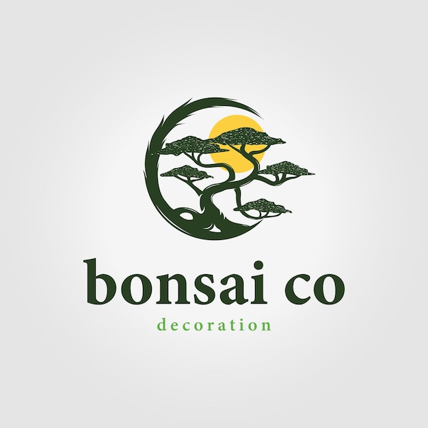 vector de logotipo de bonsai circular con ilustración del sol diseño de puesta de sol y icono de marca de negocios de bonsai