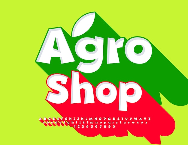 Vector vector logotipo brillante agro tienda con hoja decorativa letras del alfabeto blanco números ajustados con sombra