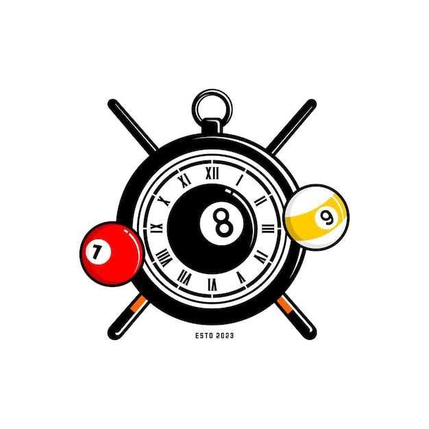 Vector de logotipo de deportes de pelota de billar y vector de reloj.