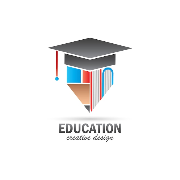 vector de logotipo de educación, diseño de símbolo de equipo de gorra de graduación, lápiz y libro