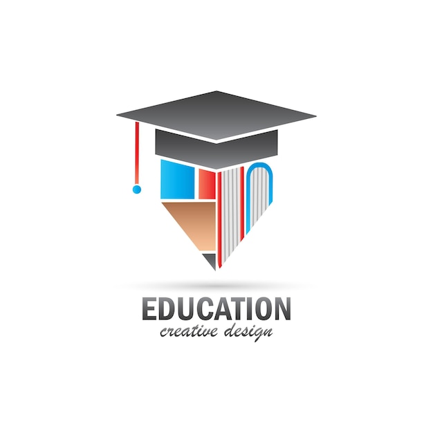 Vector de logotipo de educación, diseño de símbolo de equipo de gorra de graduación, lápiz y libro