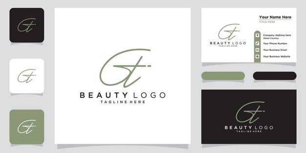 Vector de logotipo de escritura a mano inicial GT con diseño de tarjeta de visita Vector Premium