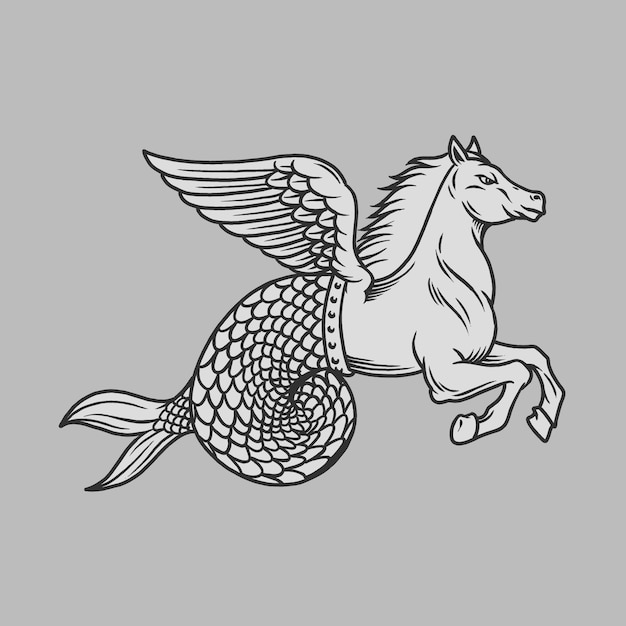 Vector de logotipo de la ilustración del grabado de la mitología del hipocampo