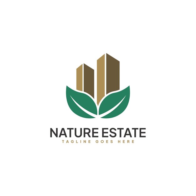 Vector de logotipo inmobiliario de la naturaleza, plantilla de logotipo de hoja con edificio