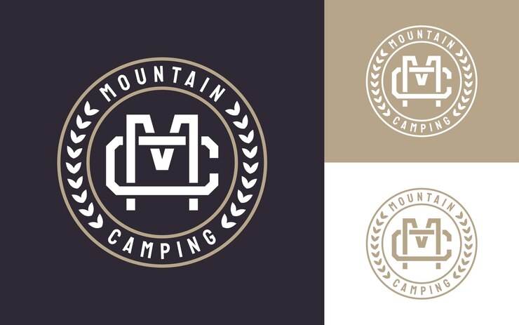 Vector vector de logotipo de insignia de camping de montaña moderno y creativo con letras iniciales m y c en estilo vintage