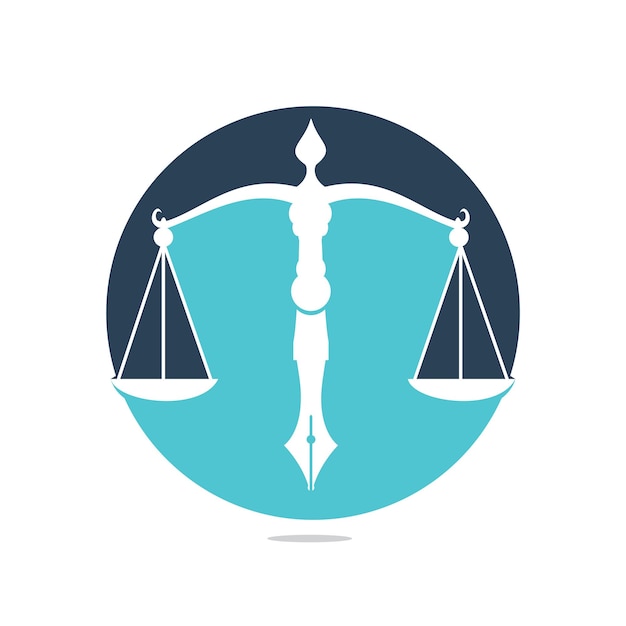 Vector del logotipo de la ley con balanza judicial simbólica de la balanza de la justicia en un bolígrafo Vector del logotipo de la ley