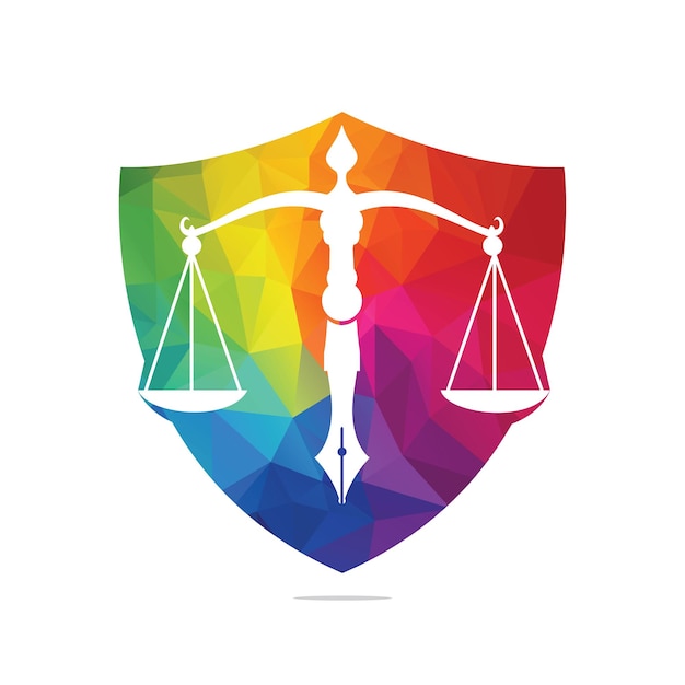 Vector de logotipo de ley con equilibrio judicial simbólico de escala de justicia en una pluma
