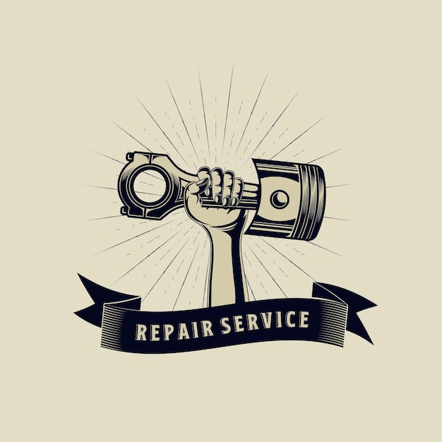 Vector de logotipo mecánico en stye vintage con el brazo del elemento Sunburst que sostiene el concepto del logotipo del pistón