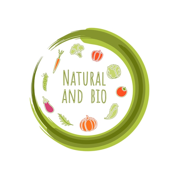 Vector de logotipo de signo redondo de producto natural y bio respetuoso con el medio ambiente vegano saludable