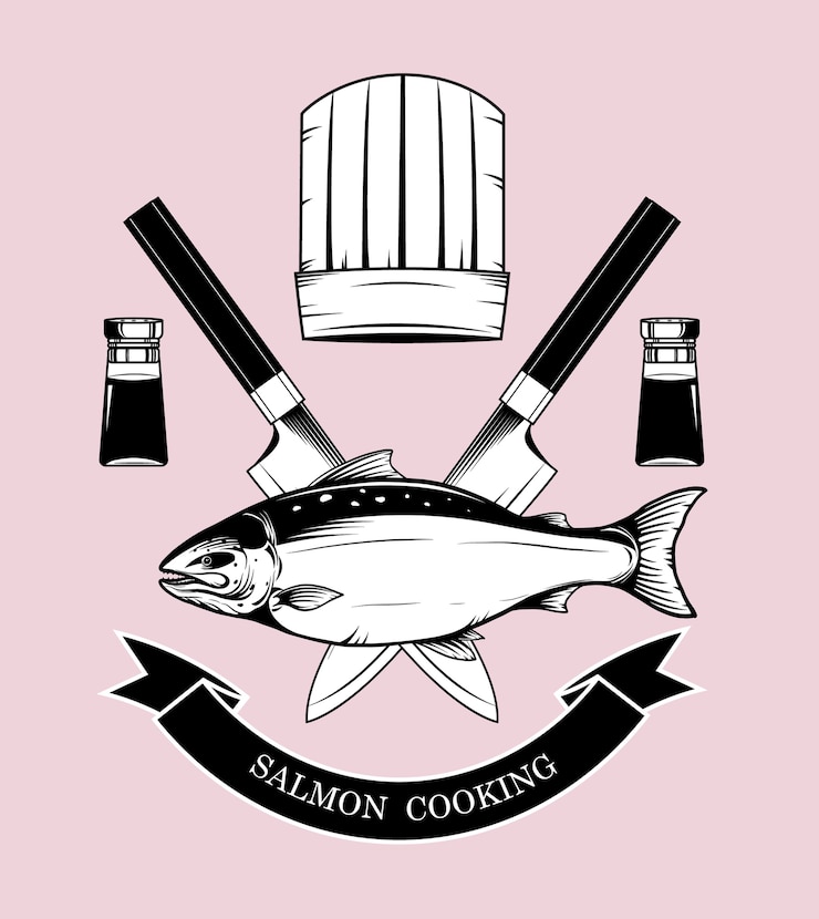 Vector vector de logotipos de cocina de salmón a mano