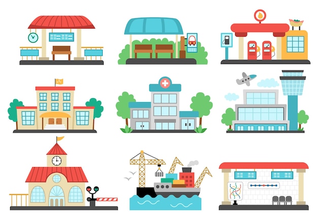 Vector lugares de transporte de la ciudad conjunto parada de autobús metro estación de gasolina tren clipart hospital plano lindo escuela aeropuerto puerto marítimo iconos puntos de destino de transporte público divertidos para el mapa de la ciudad xA