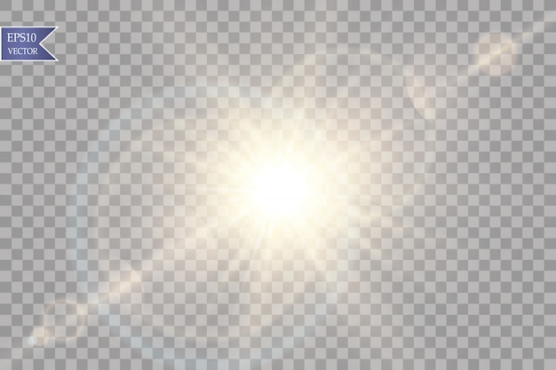 Vector de luz solar transparente efecto de luz de destello de lente especial. Sol con rayos y reflector