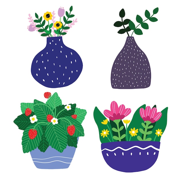 Vector de maceta de flores y plantas de primavera