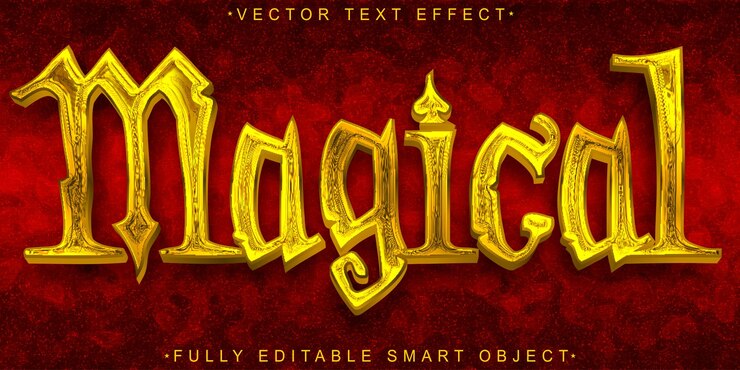 Vector vector mágico rojo y dorado efecto de texto de objeto inteligente totalmente editable