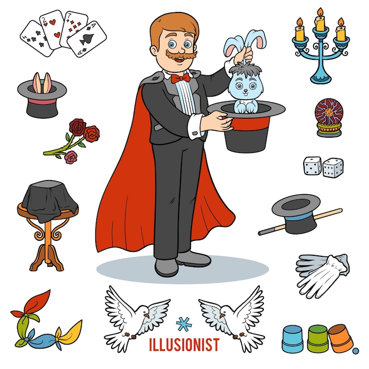 Vector vector con mago y objetos para trucos de magia. artículos coloridos de dibujos animados