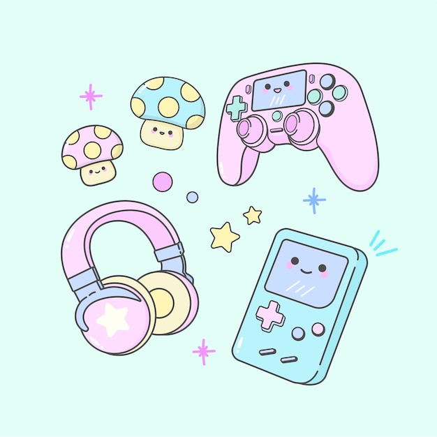 Vector de mando de juegos Nintendo con expresiones faciales bonitas y colores pastel