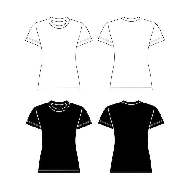 Vector de manga corta camiseta de moda CAD mujer redonda cuadrada y cuello en V top plantilla de dibujo técnico boceto plano camiseta o tela tejida 4 piezas conjunto camiseta con vista delantera trasera color blanco