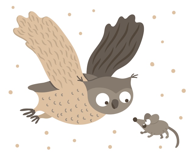 Vector vector mano dibujada búho plano volando con alas para ratón asustado. escena de caza divertida con pájaro del bosque. linda ilustración animal del bosque para impresión, papelería