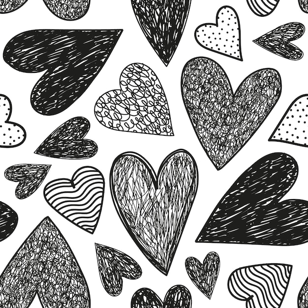 Vector mano dibujada línea blanco y negro corazones de patrones sin fisuras doodle fondo