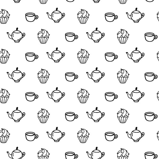 Vector mano dibujada de patrones sin fisuras con diferentes iconos dulces sobre fondo blanco Doodle taza taza tetera café olla pastel envoltura en estilo de arte de línea para una decoración de café Adultos y niños para colorear página