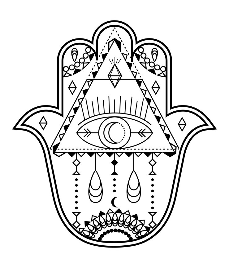 Vector vector de mano hamsa con símbolos esotéricos místicos como pirámide mal de ojo página de color indio tatuaje ilustración de henna wicca arte oculto astrológico
