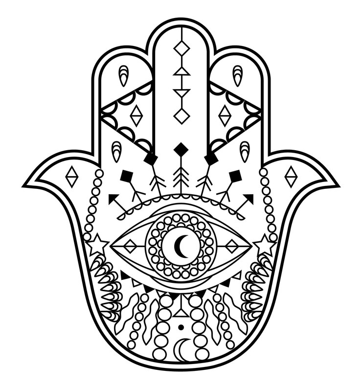 Vector vector de mano hamsa con símbolos esotéricos místicos como pirámide mal de ojo página de color indio tatuaje ilustración de henna wicca arte oculto astrológico