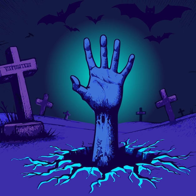 Vector de una mano zombi bajo luces de neón y UV que se levanta de la tumba para Halloween