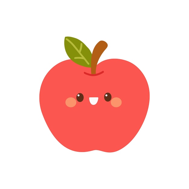 Vector de manzana roja sonriente con hoja y tallo en un estilo amigable y lindo