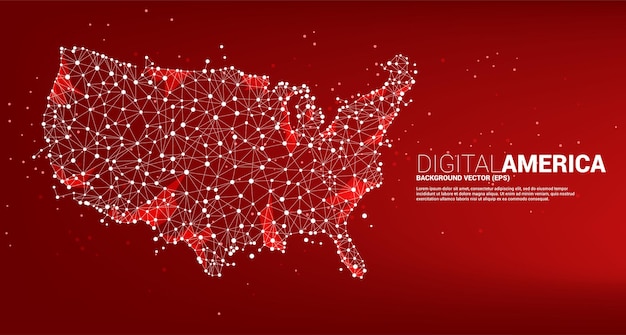 Vector mapa de Estados Unidos desde la línea de conexión de puntos de polígono. Concepto de conexión de red digital de América.