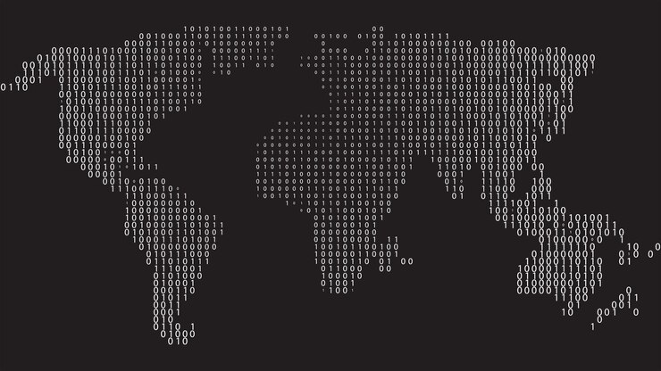 Vector vector de mapa del mundo usando dígitos binarios blancos en un fondo oscuro