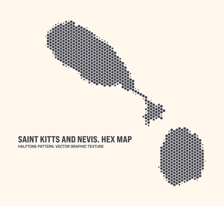 Vector vector de mapa de saint kitts y nevis patrón hexagonal de medio tono aislado en el fondo