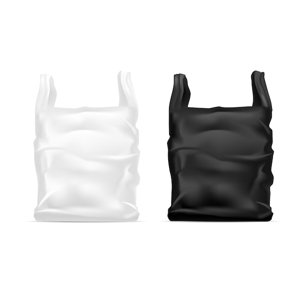 Vector de maqueta de plantilla de bolsa de plástico desechable en blanco y negro 3D realista y detallado