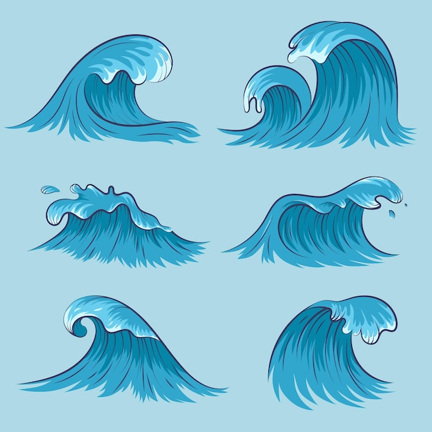 Vector mar olas colección aislado océano agua salpicadura en estilo de dibujos animados