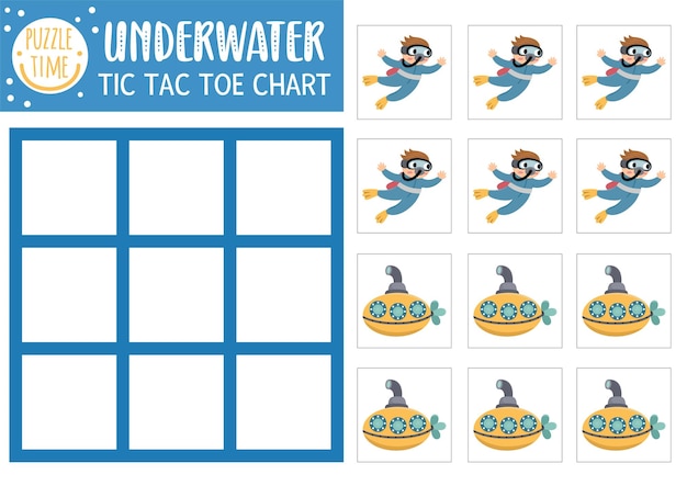 Vector bajo el mar Tic Tac Toe gráfico con buzo y submarino Océano vida juego de mesa campo de juego con personajes lindos divertida hoja de trabajo marinera imprimible Noughts y cruces cuadrícula xA