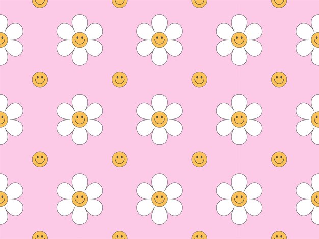 Vector maravilloso patrón sin costuras con margarita feliz divertida. Moda margarita sonrisa rosa color pastel patrón