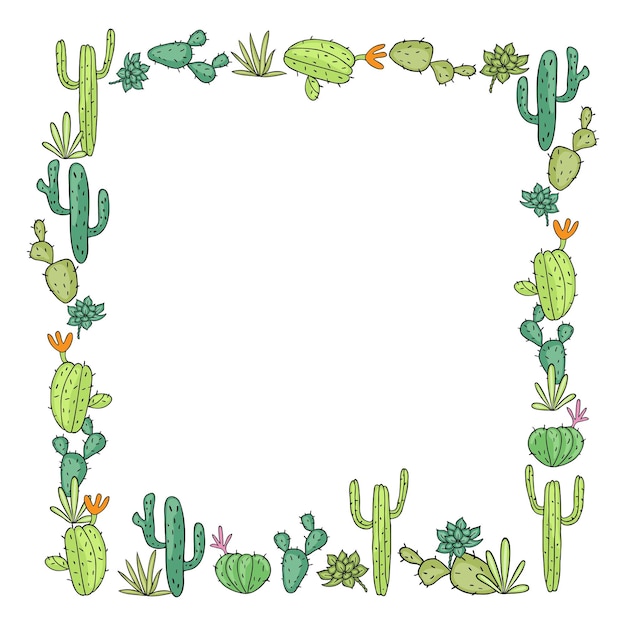 vector, marco, de, plantas verdes, cactus, dibujo a mano alzada