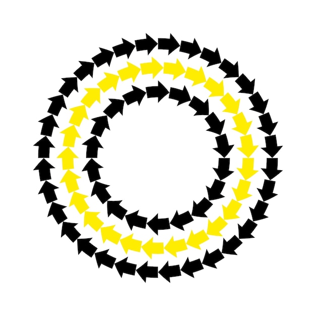 Vector marco redondo de flechas amarillas negras. Borde de círculo de ornamento repetitivo abstracto.