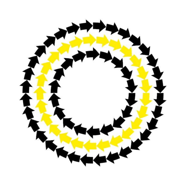 Vector vector marco redondo de flechas amarillas negras. borde de círculo de ornamento repetitivo abstracto.