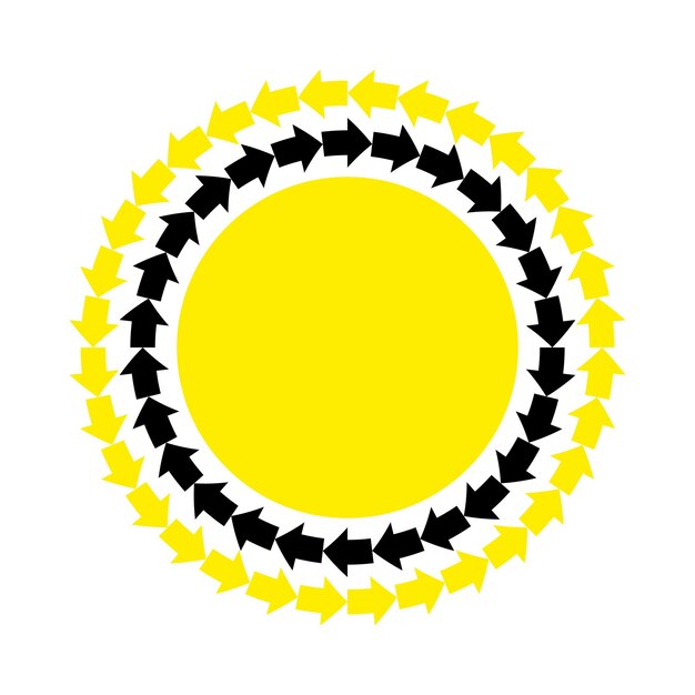 Vector marco redondo de flechas amarillas negras. Borde de círculo de ornamento repetitivo abstracto.