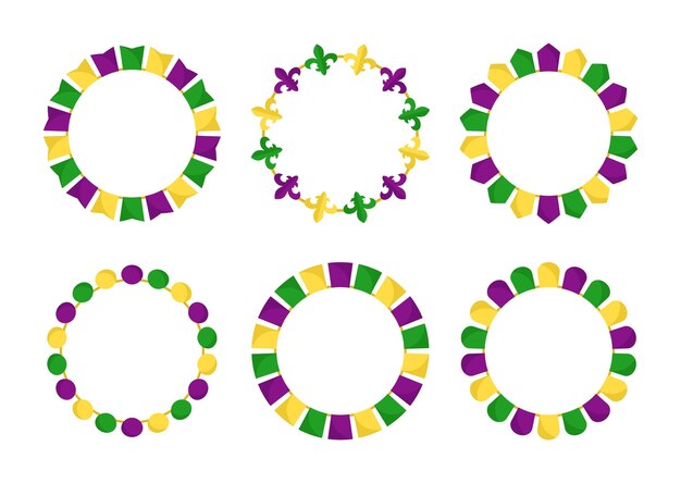Vector Mardi Gras marcos redondos de guirnaldas Banderas verdes y amarillas moradas en círculos con espacio vacío