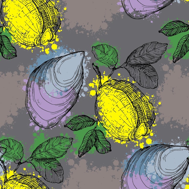 Vector de mariscos dibujado a mano patrón sin costuras con ostras y limón Un collage contemporáneo con formas simples Diseño exótico moderno para papel cubierta tela papel tapiz interior