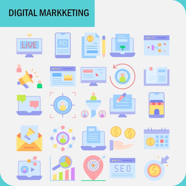 El vector de marketing digital es un paquete de iconos planos.