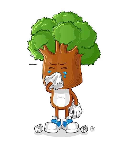 Vector de mascota de dibujos animados de cabeza de árbol que sopla la nariz personaje de dibujos animados