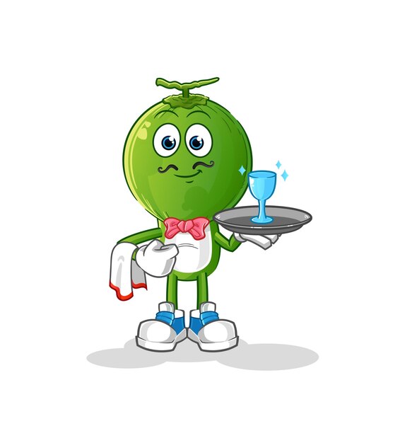 Vector de mascota de dibujos animados de camarero de dibujos animados de cabeza de coco verde