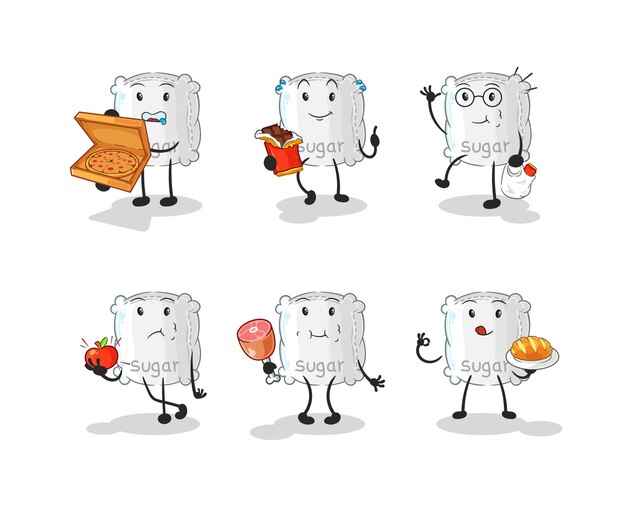 Vector de mascota de dibujos animados de carácter de conjunto de alimentos de saco de azúcar
