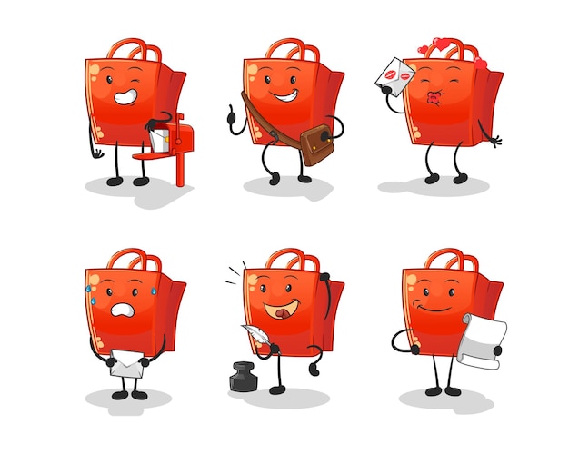 Vector de mascota de dibujos animados de carácter conjunto de cartero de bolsa de compras