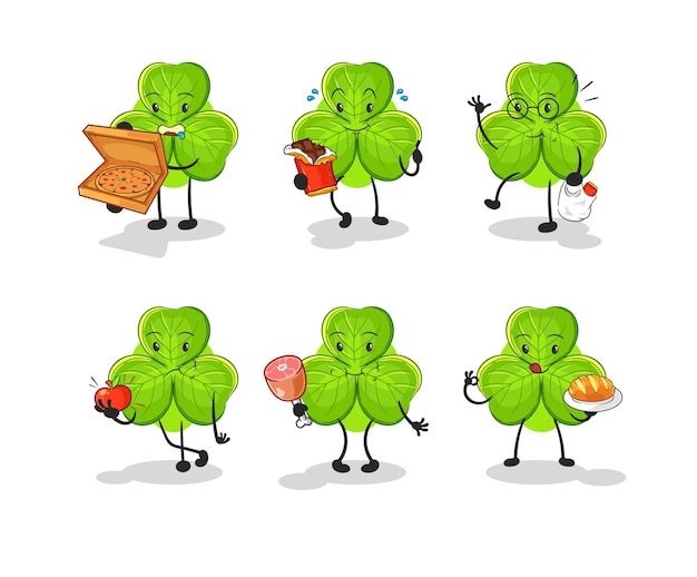 Vector de mascota de dibujos animados de carácter conjunto de comida de trébol